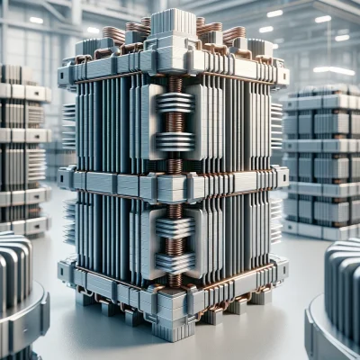 DALL·E 2024-06-11 20.25.51 - A high-quality, detailed image of CRGO stacked transformer cores. The cores should be shown in a complete assembled state, designed for small, medium,